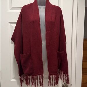 Burgundy Knit Scarf Shawl Wrap with fringe and pockets